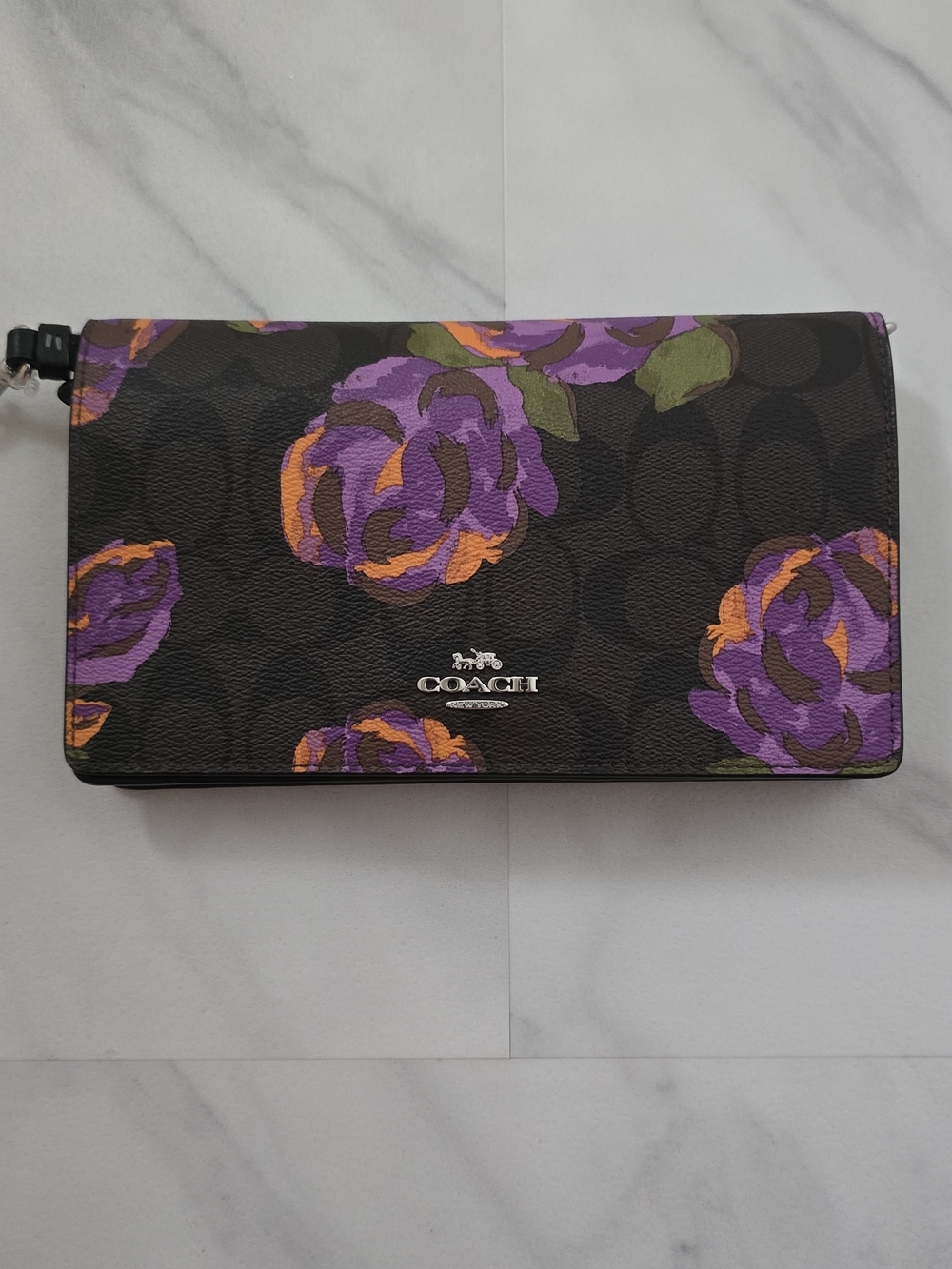 Coach Floral Signature Leather Wallet Crossbody - Purple/Orange Floral on Brown